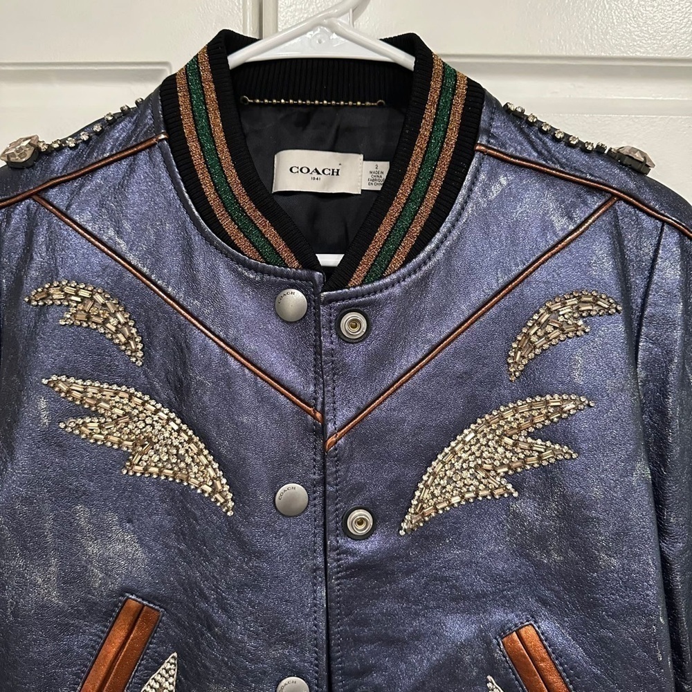 Coach Shrunken Leather Varsity Jacket In Metallic Cadet Blue I Size 2 - Picture 8 of 16